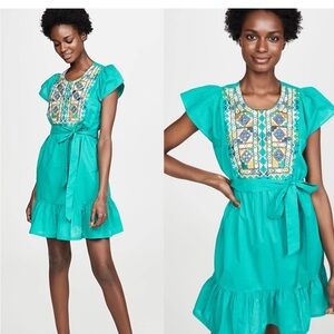 New Figue Florian Embroidered Mirrors Green Tie-Waist Dress Boho Sz M